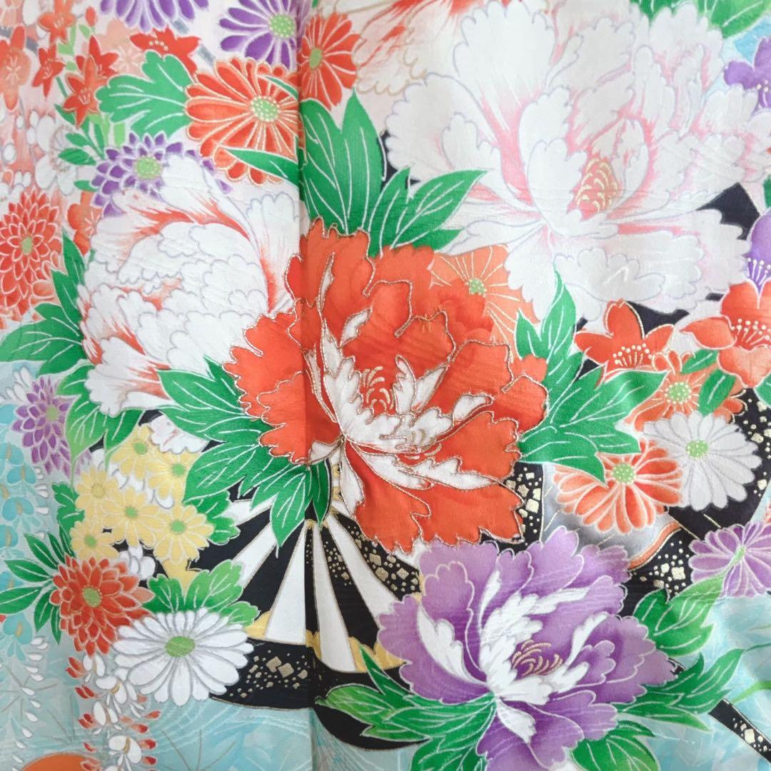 フルセット 七五三 7歳女の子 きもの　オレンジ色　牡丹　小物セット